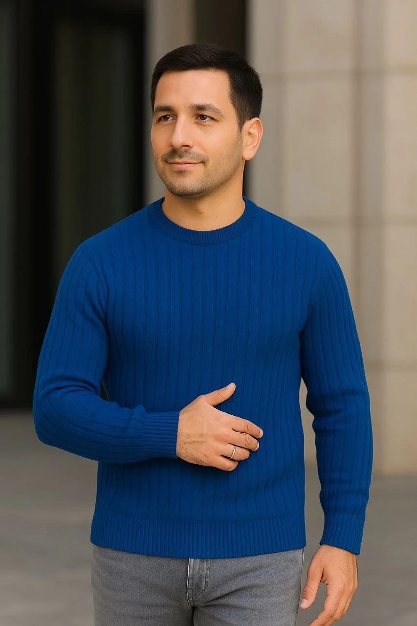 Erkek Fitilli Triko Kazak 2’li Set – Siyah & Saks Mavisi, Kalın Dokuma Pamuklu Regular Fit Bisiklet Yaka Uzun Kollu Rahat Kışlık Kazak Kombini