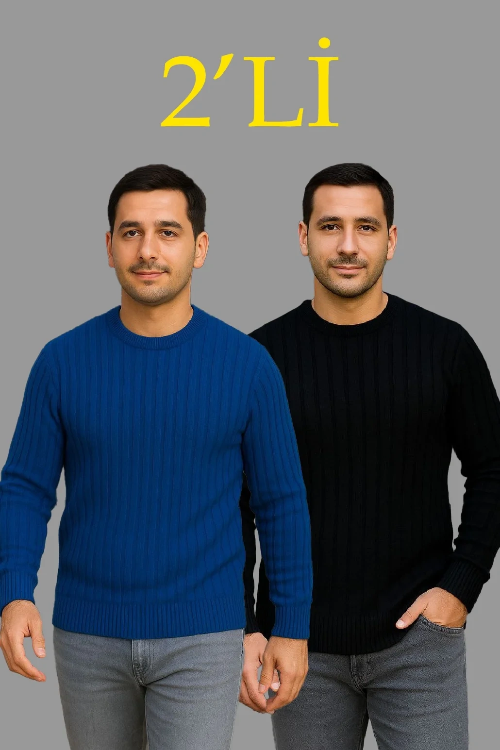 Erkek Fitilli Triko Kazak 2’li Set – Siyah & Saks Mavisi, Kalın Dokuma Pamuklu Regular Fit Bisiklet Yaka Uzun Kollu Rahat Kışlık Kazak Kombini