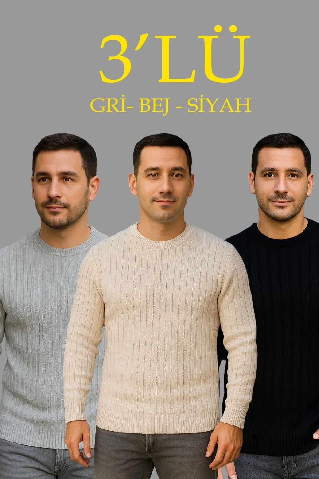 Erkek Fitilli Triko Kazak 3lü Set Bej Gri Siyah Regular Fit Bisiklet Yaka Triko Seti Kazak Modeli
