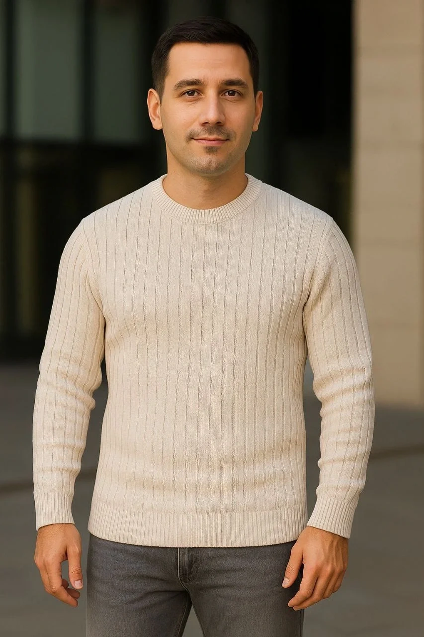 Erkek Fitilli Triko Kazak 3lü Set Bej Gri Siyah Regular Fit Bisiklet Yaka Triko Seti Kazak Modeli