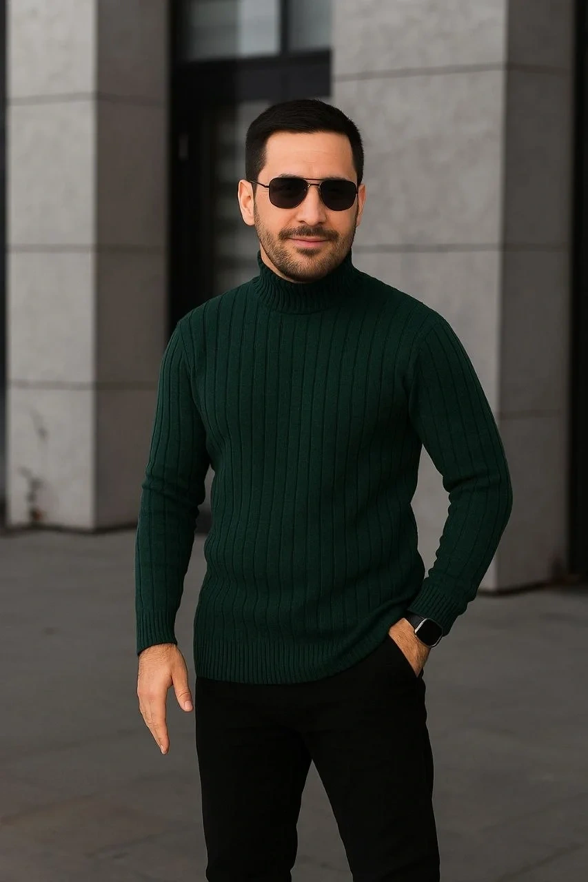 Erkek Fitilli Triko Kazak 3lÜ Set Gri Haki Siyah Regular Balıkcı Yaka Tam Boğazlı Triko Seti Modeli Kazak