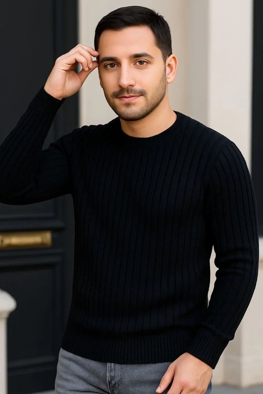 Erkek Fitilli Triko Kazak 3’lü Set – Gri, Haki, Siyah | Kalın Dokuma Pamuklu Regular Fit Bisiklet Yaka Uzun Kollu Kışlık ve Baharlık Rahat Triko Kombini