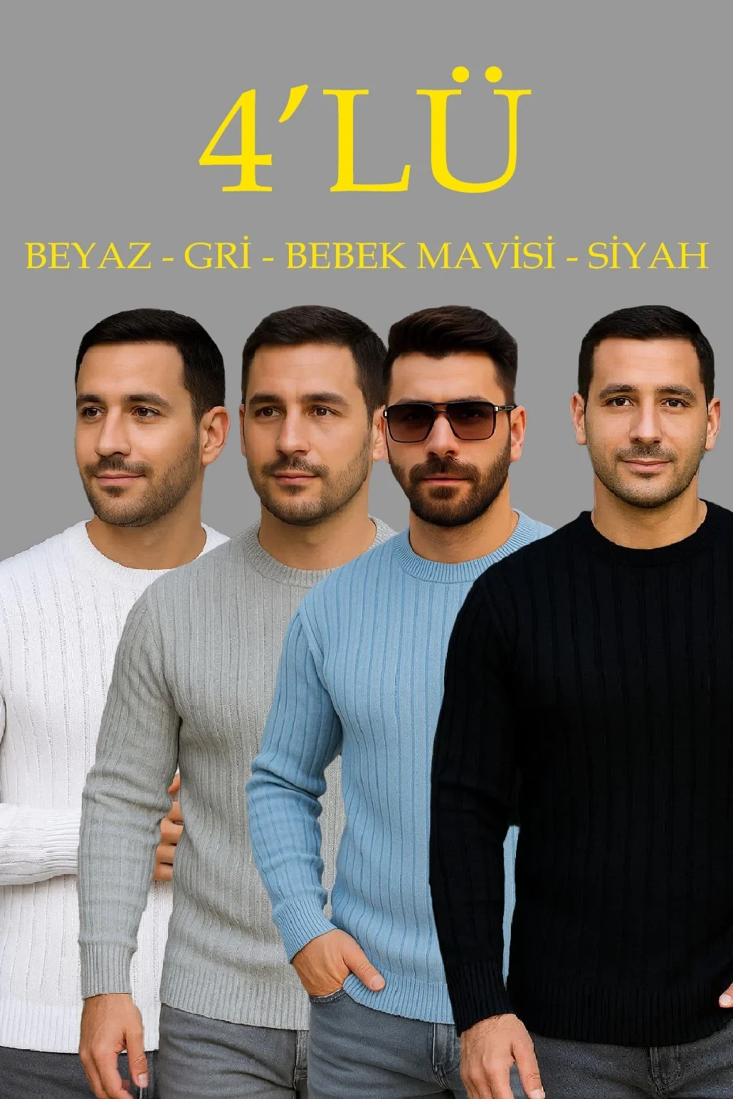 Erkek Fitilli Triko Kazak 4’lü Set – Beyaz, Bebek Mavisi, Gri, Siyah | Kalın Dokuma Pamuklu Regular Fit Bisiklet Yaka Uzun Kollu Kışlık ve Baharlık Rahat Triko Kombini