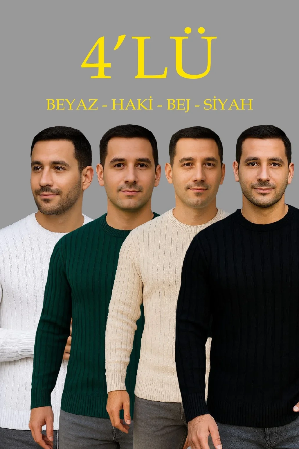 Erkek Fitilli Triko Kazak 4’lü Set – Beyaz, haki, bej, Siyah | Kalın Dokuma Pamuklu Regular Fit Bisiklet Yaka Uzun Kollu Kışlık ve Baharlık Rahat Triko Kombini
