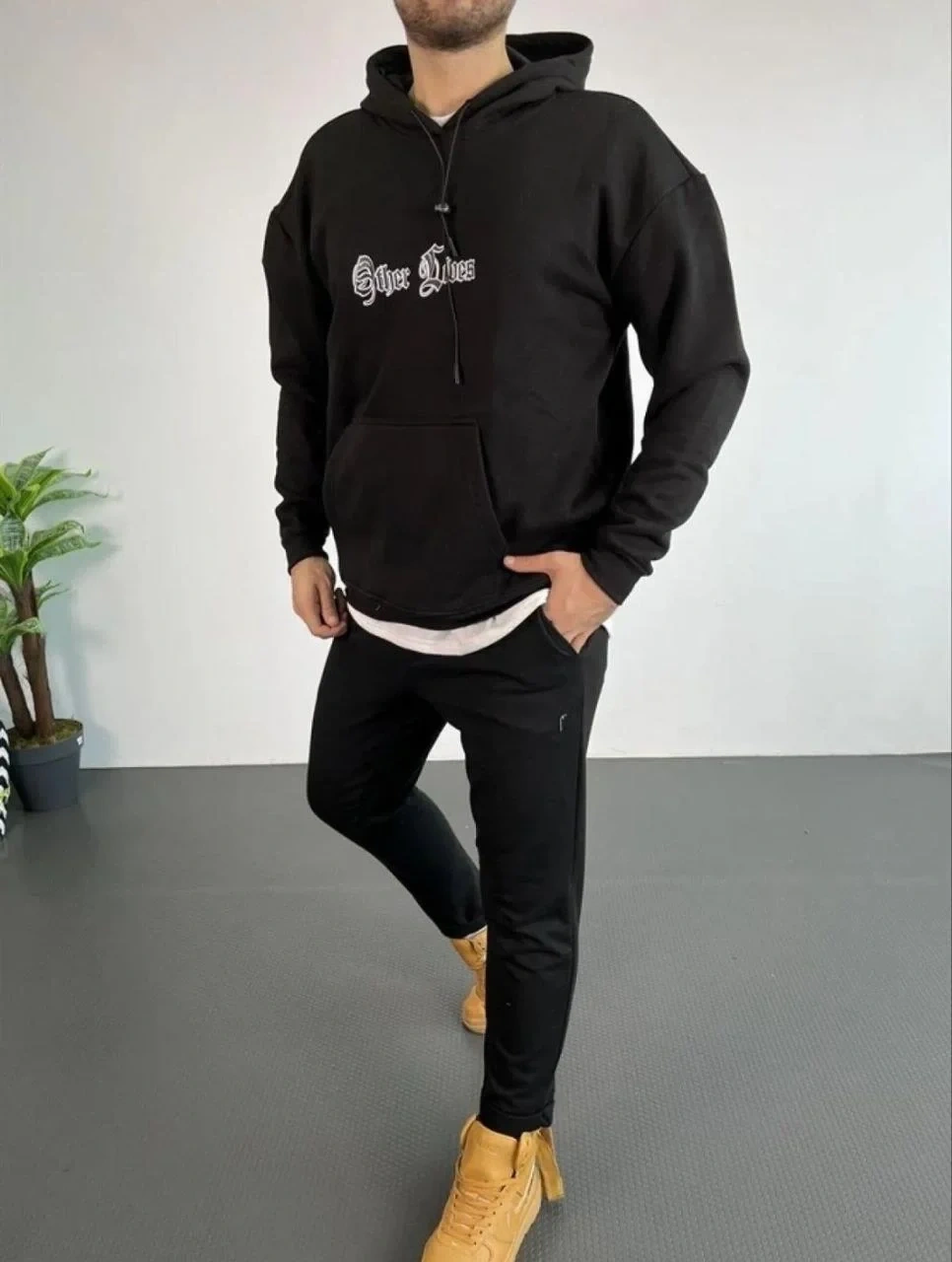Erkek Kapşonlu Sweatshirt – Oversize Üç İplik Şardonlu Hoodie, “Other Lives” Ön & Arka Baskılı, Kanguru Cepli, Kışlık Rahat Günlük Stil - Siyah