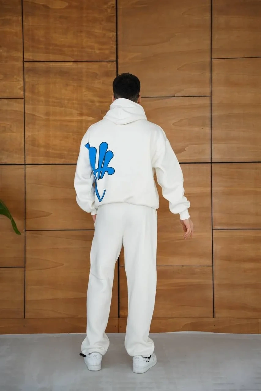 Erkek Kapüşonlu Eşofman Takım Graffiti Baskılı  Oversize Rahat Kalıp, Kanguru Cepli, Streetwear Tarzında Premium Ürün 3 iplik Pamuklu - Beyaz