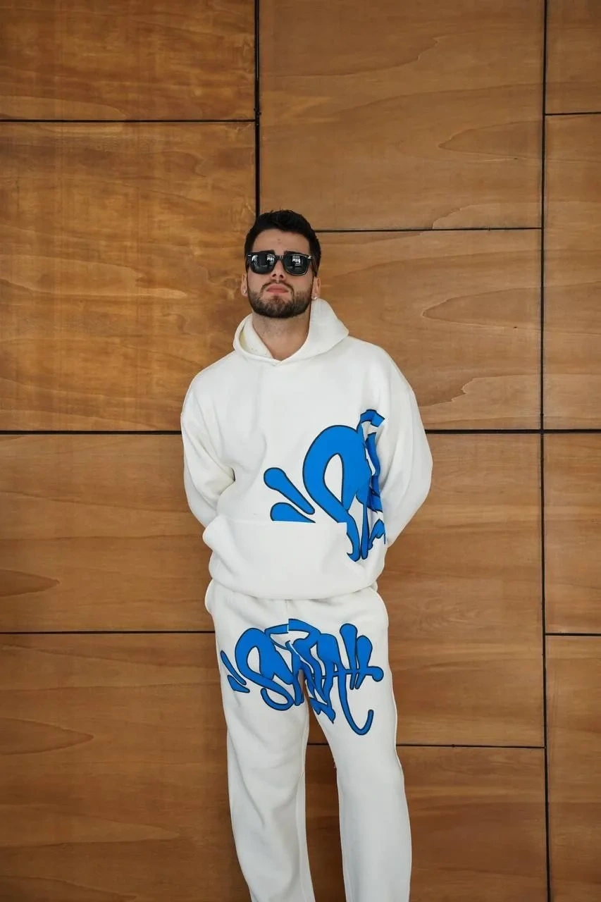 Erkek Kapüşonlu Eşofman Takım Graffiti Baskılı  Oversize Rahat Kalıp, Kanguru Cepli, Streetwear Tarzında Premium Ürün 3 iplik Pamuklu - Beyaz