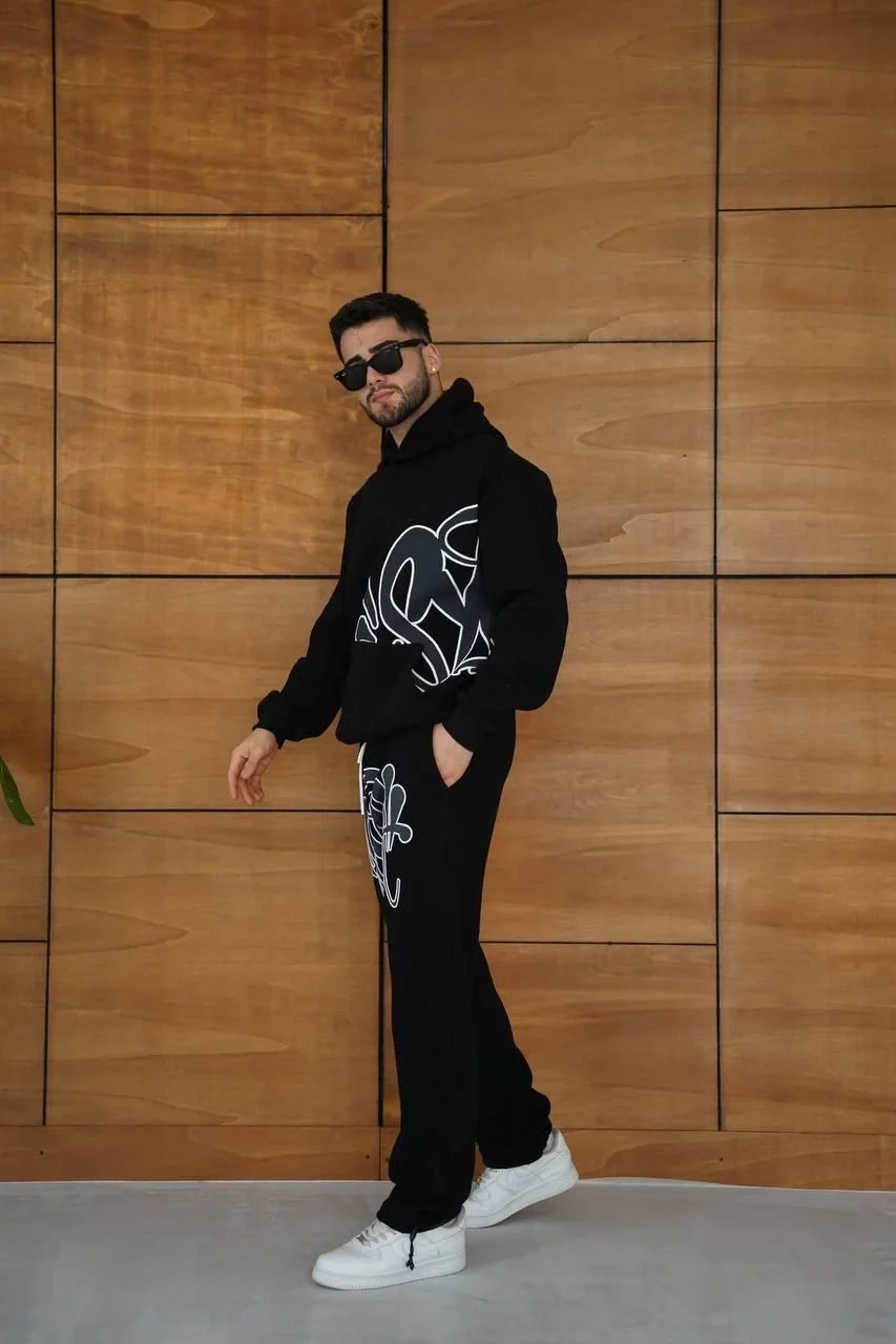 Erkek Kapüşonlu Eşofman Takım Graffiti Baskılı Oversize Rahat Kalıp, Kanguru Cepli, Streetwear Tarzında Premium Ürün 3 iplik Pamuklu - Siyah