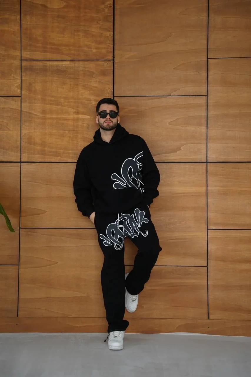 Erkek Kapüşonlu Eşofman Takım Graffiti Baskılı Oversize Rahat Kalıp, Kanguru Cepli, Streetwear Tarzında Premium Ürün 3 iplik Pamuklu - Siyah