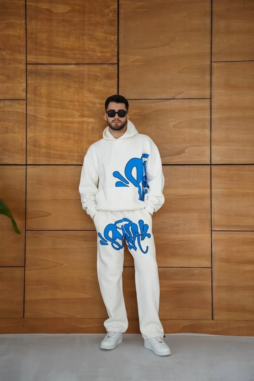 Erkek Kapüşonlu Eşofman Takım Graffiti Baskılı  Oversize Rahat Kalıp, Kanguru Cepli, Streetwear Tarzında Premium Ürün 3 iplik Pamuklu - Beyaz