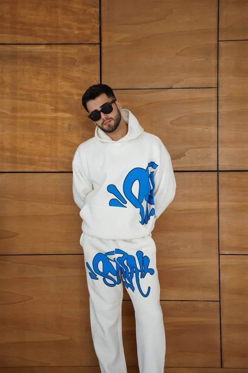 Erkek Kapüşonlu Eşofman Takım Graffiti Baskılı  Oversize Rahat Kalıp, Kanguru Cepli, Streetwear Tarzında Premium Ürün 3 iplik Pamuklu - Beyaz