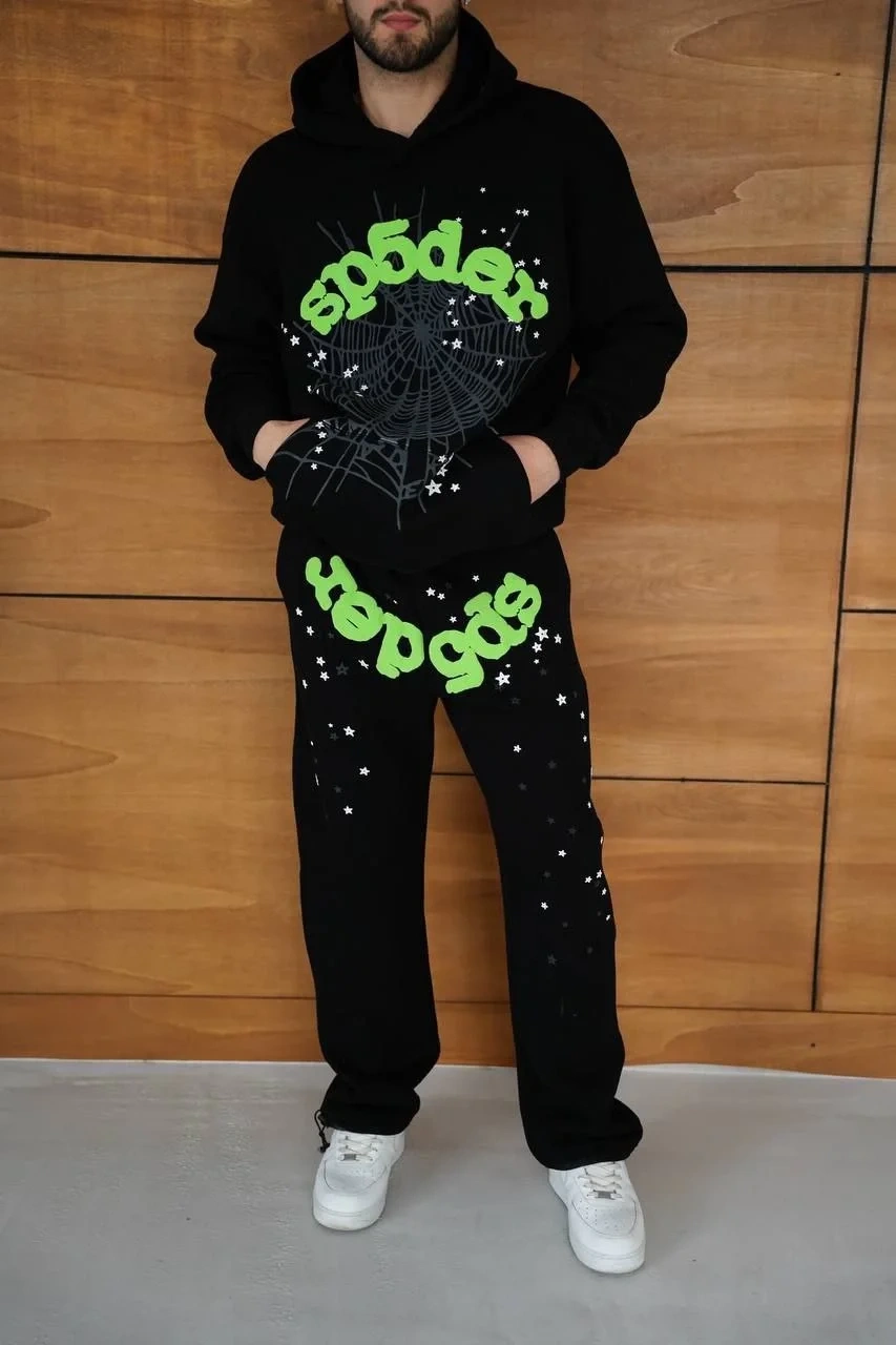 Erkek Kapüşonlu Eşofman Takım Örümcek Ağı ve Neon Yeşil Baskılı Kanguru cepli Oversize Rahat Kalıp, Premium Üç İplik Kumaş - Siyah