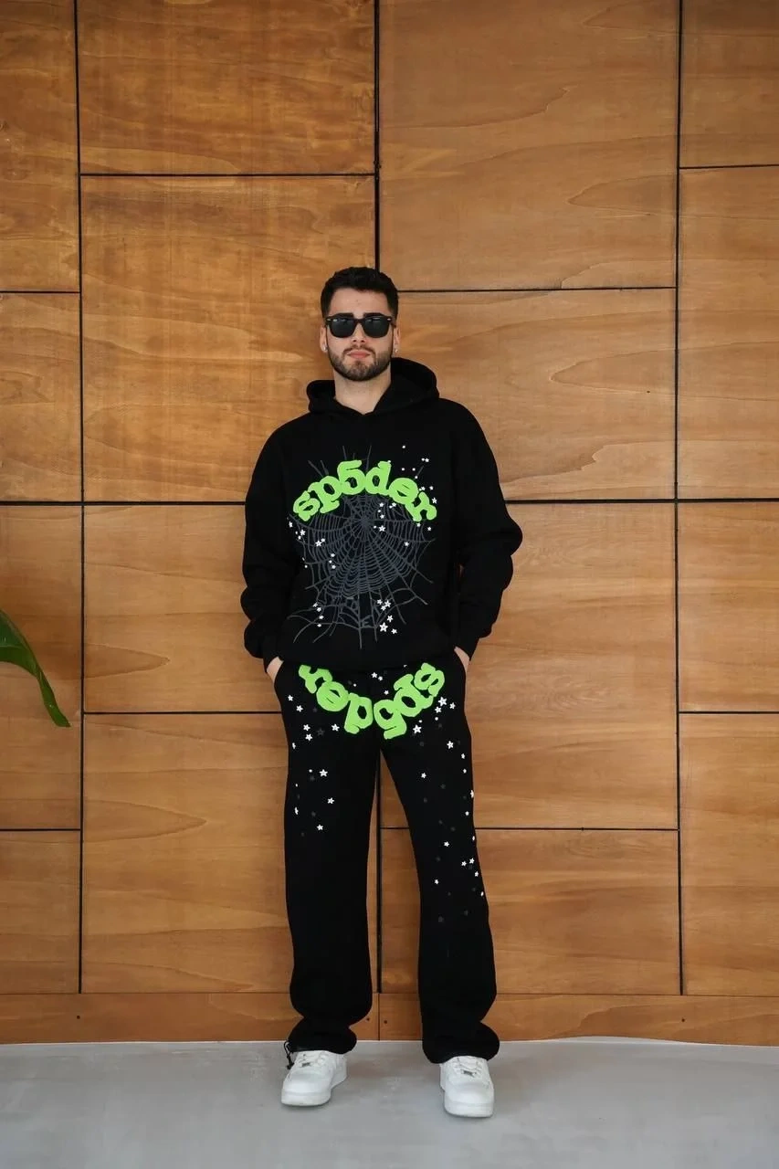 Erkek Kapüşonlu Eşofman Takım Örümcek Ağı ve Neon Yeşil Baskılı Kanguru cepli Oversize Rahat Kalıp, Premium Üç İplik Kumaş - Siyah