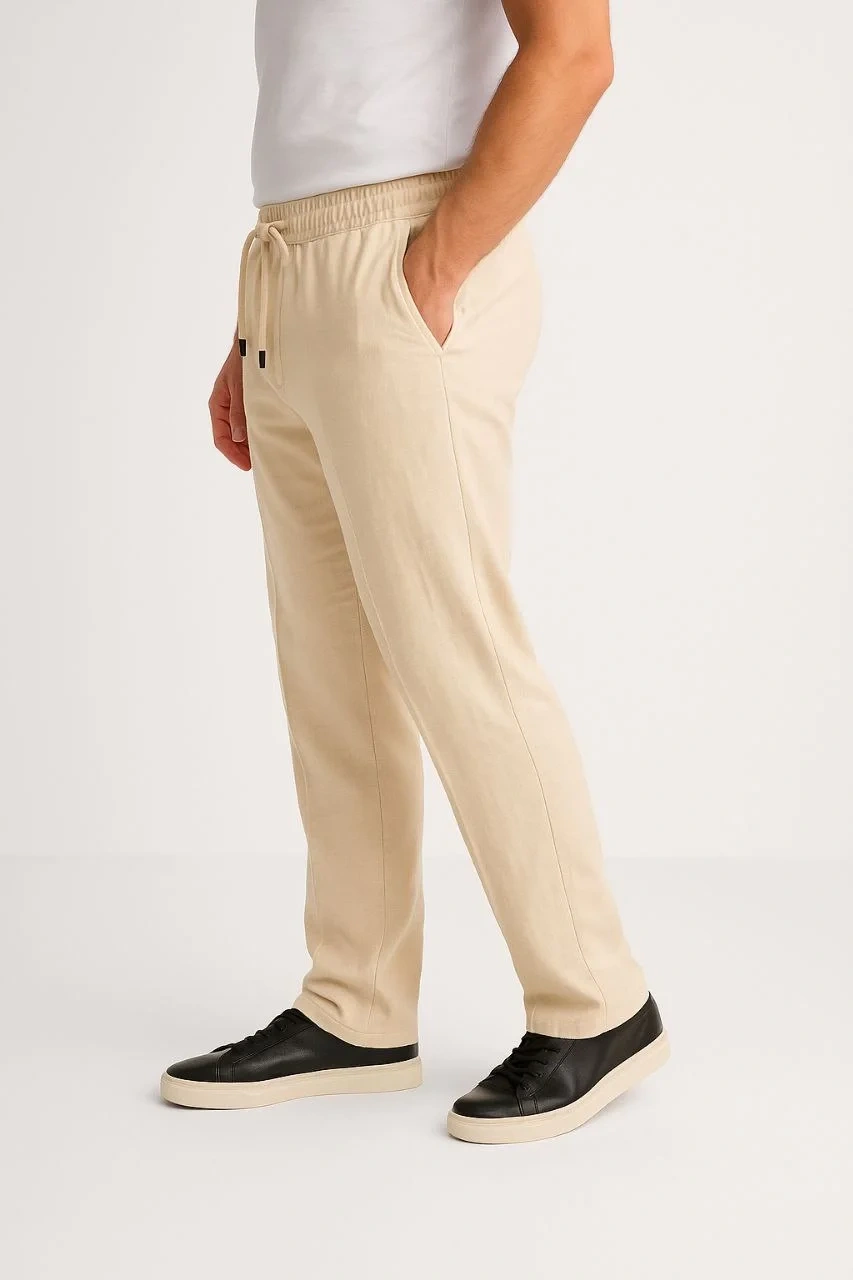 Erkek Keten Pantolon – Cepli, Beli Lastikli ve Bağcıklı, Nefes Alan Rahat Kalıp, Yazlık ve Baharlık Günlük Giyim, Şık & Konforlu Boru Paça Model - Bej