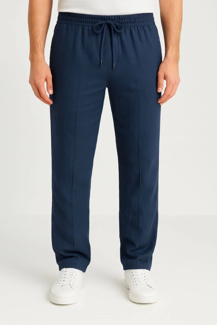 Erkek Keten Pantolon – Cepli, Beli Lastikli ve Bağcıklı, Nefes Alan Rahat Kalıp, Yazlık ve Baharlık Günlük Giyim, Şık & Konforlu Boru Paça Model - Lacivert