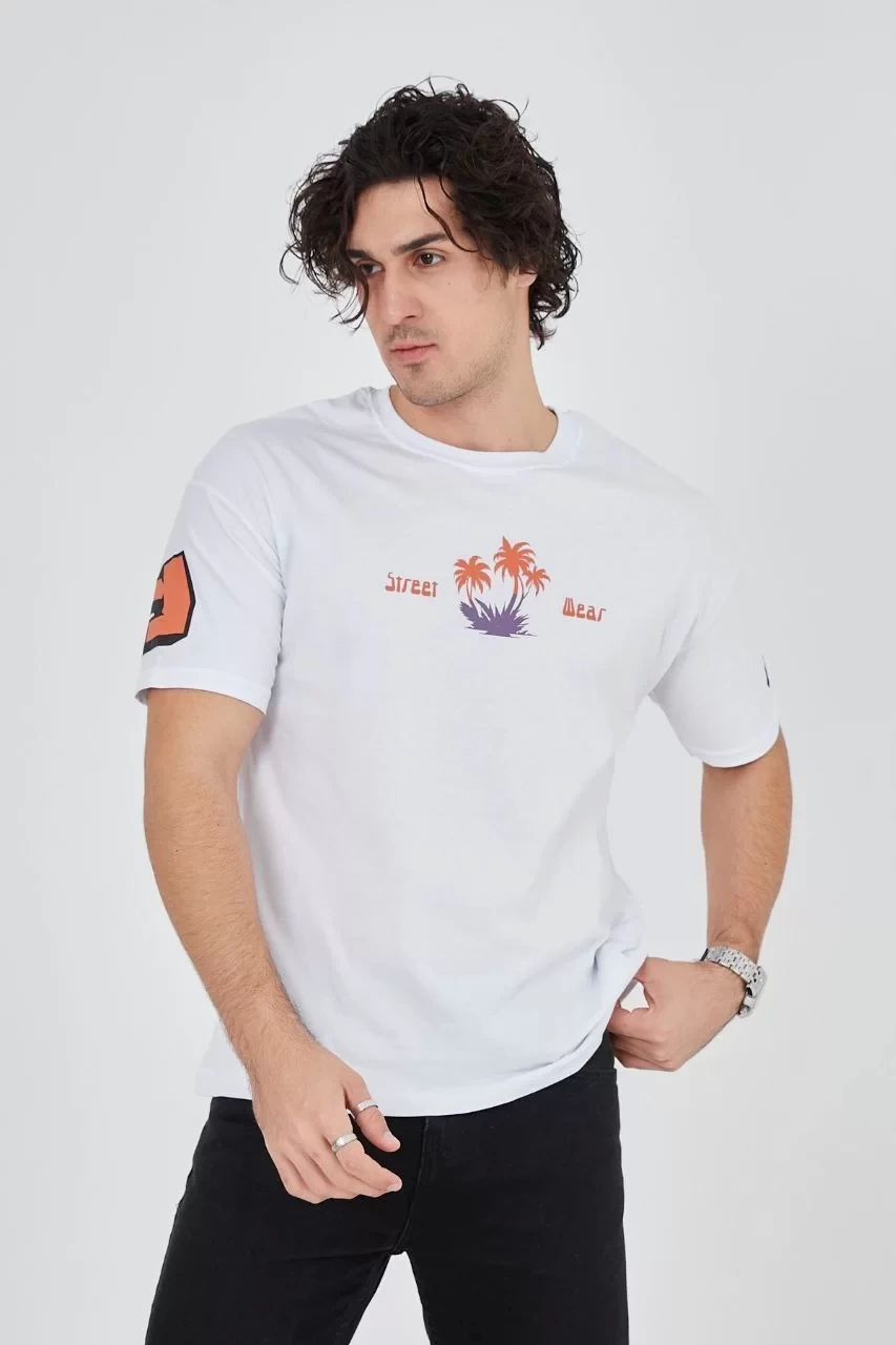 Erkek Ön ve Arka Baskılı T-Shirt - Beyaz