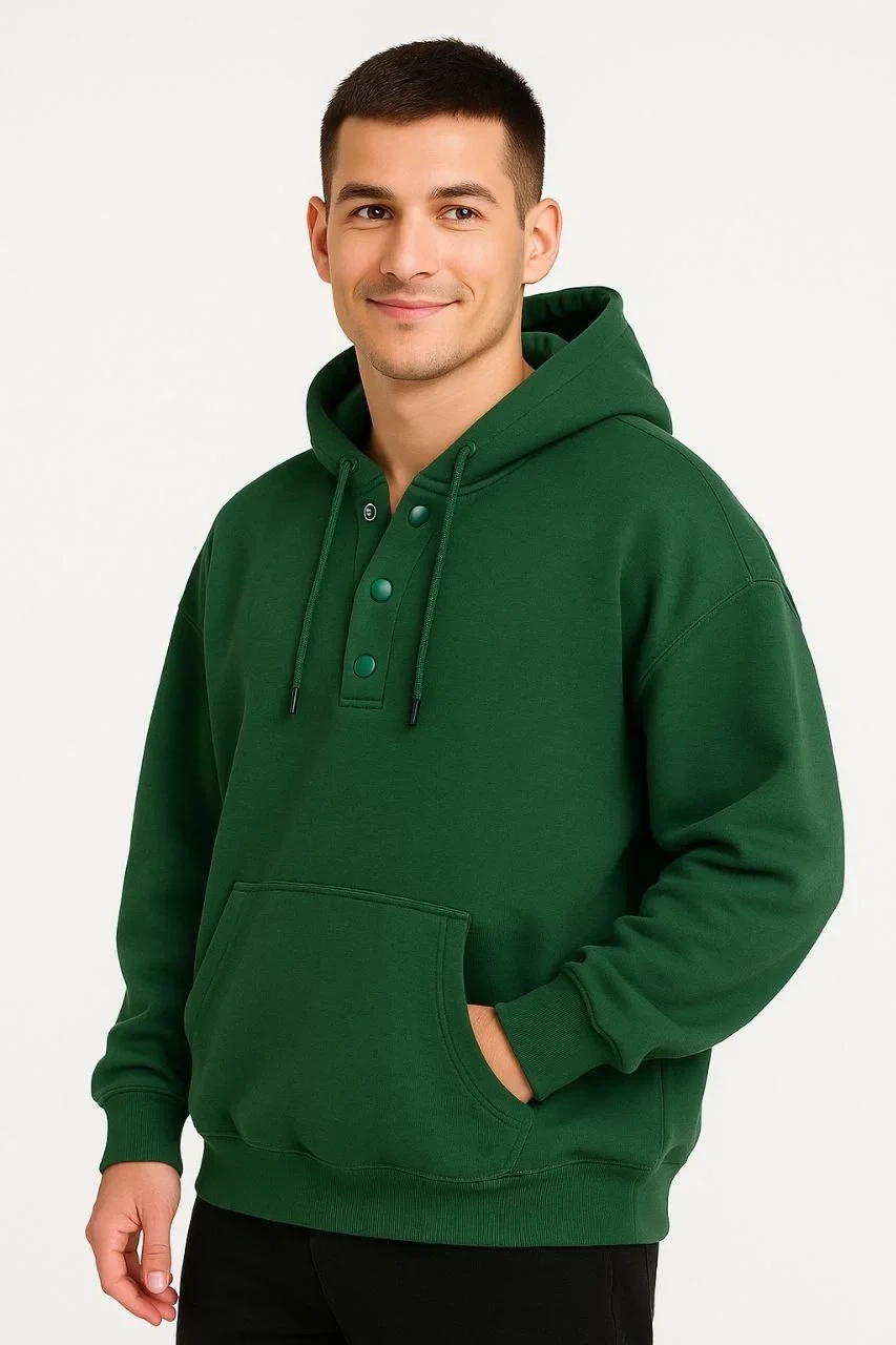 Erkek Ovarsize Kapüşonlu Swetshirt Kanguru Çepli Cıtcıtlı 3 iplik Şardonlu Hoodie - Haki