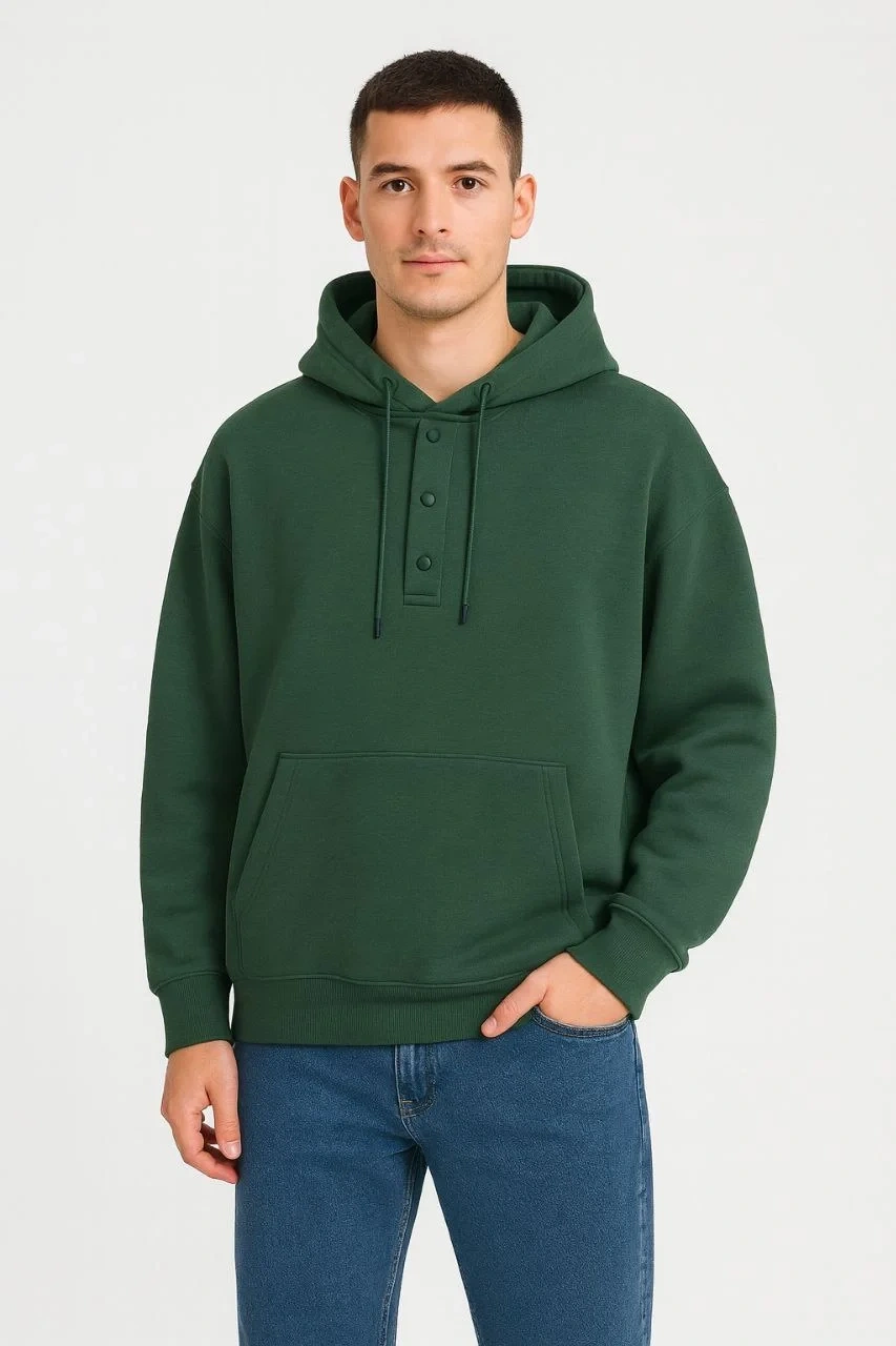 Erkek Ovarsize Kapüşonlu Swetshirt Kanguru Çepli Cıtcıtlı 3 iplik Şardonlu Hoodie - Haki
