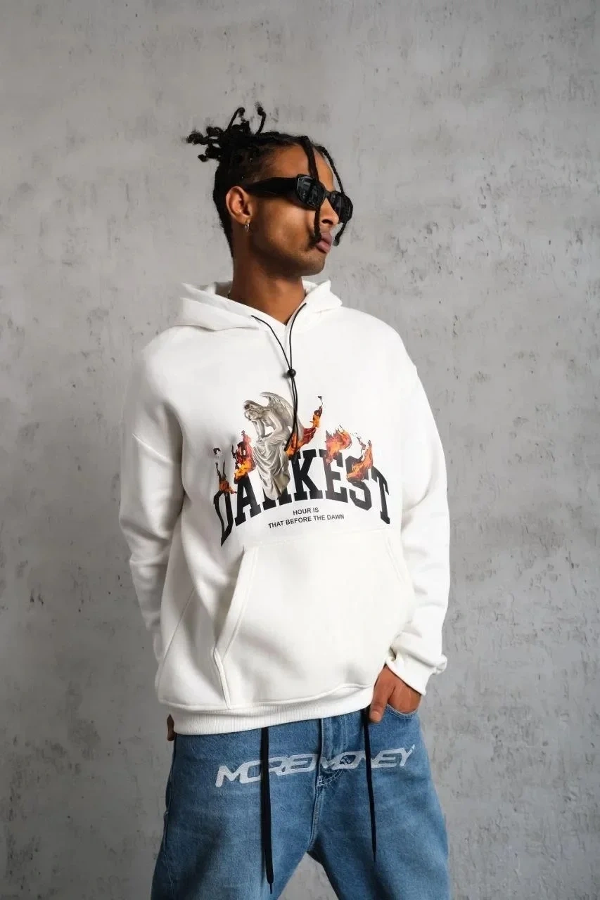 Erkek Oversize Kapüşonlu Sweatshirt – Beyaz Renk Üç İplik İçi Pamuklu Kanguru Cepli Baskılı Hoodie Rahat Kalıp Kışlık Günlük Kombinlere Uygun - Beyaz