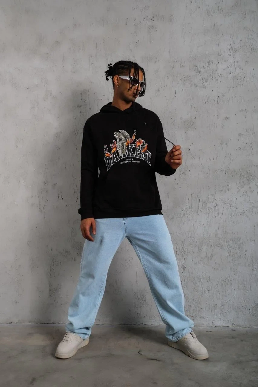 Erkek Oversize Kapüşonlu Sweatshirt – Siyah Renk Üç İplik İçi Pamuklu Kanguru Cepli Baskılı Hoodie Rahat Kalıp Kışlık Günlük Kombinlere Uygun - Siyah