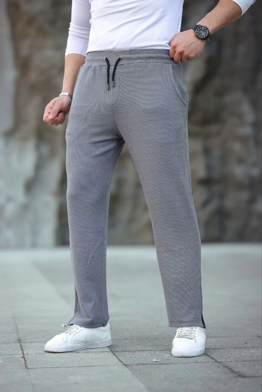 Erkek Paça Yırtmaçlı Burgu selanik dokulu Jogger Buggy Pantalon Rahat kalıp - Gri