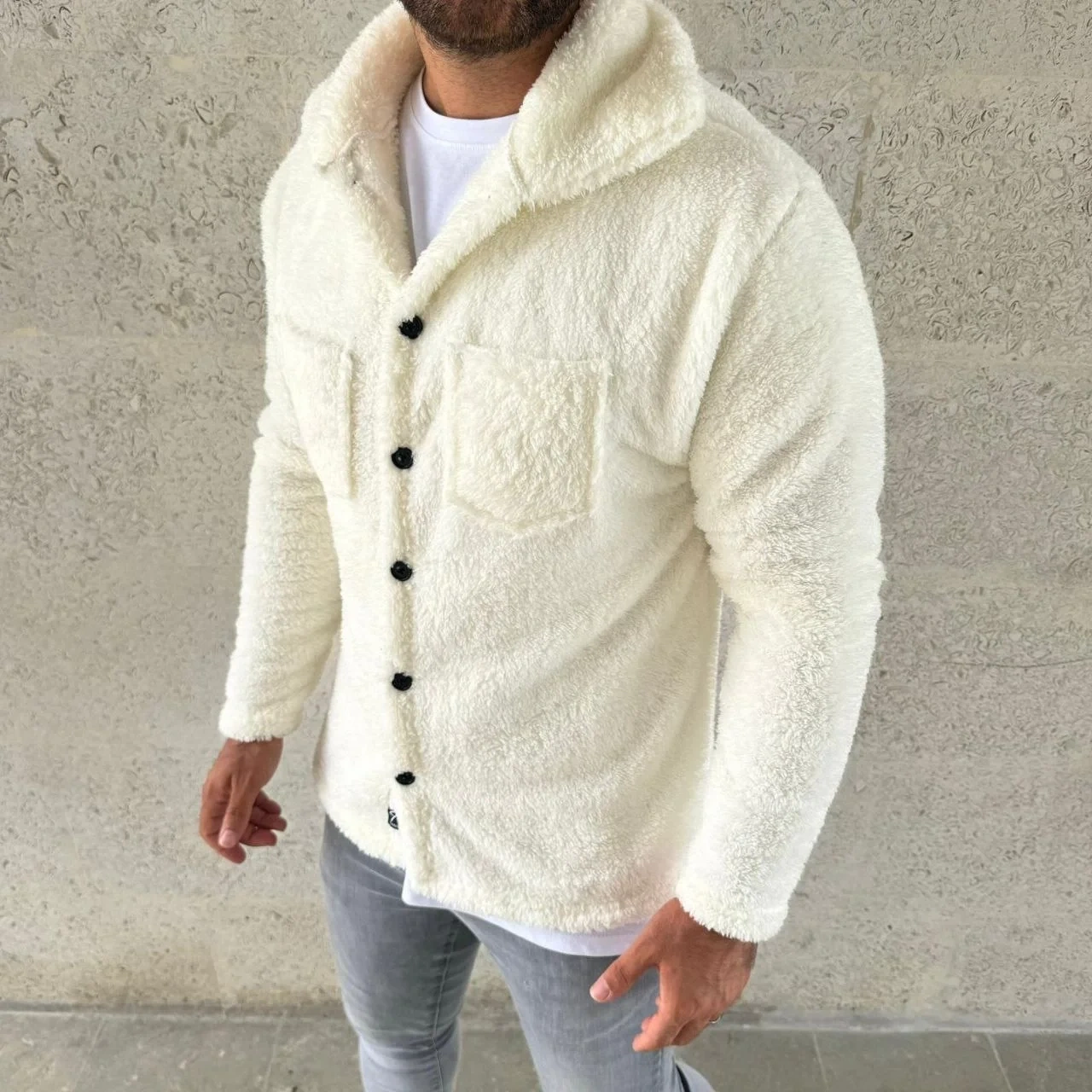 Erkek Pelüş Polar Hırka Gömlek – Yakalı, İlik Düğmeli, Göğüs Cepli, Yumuşak Dokulu Kışlık Regular Fit Rahat Günlük Model - Beyaz