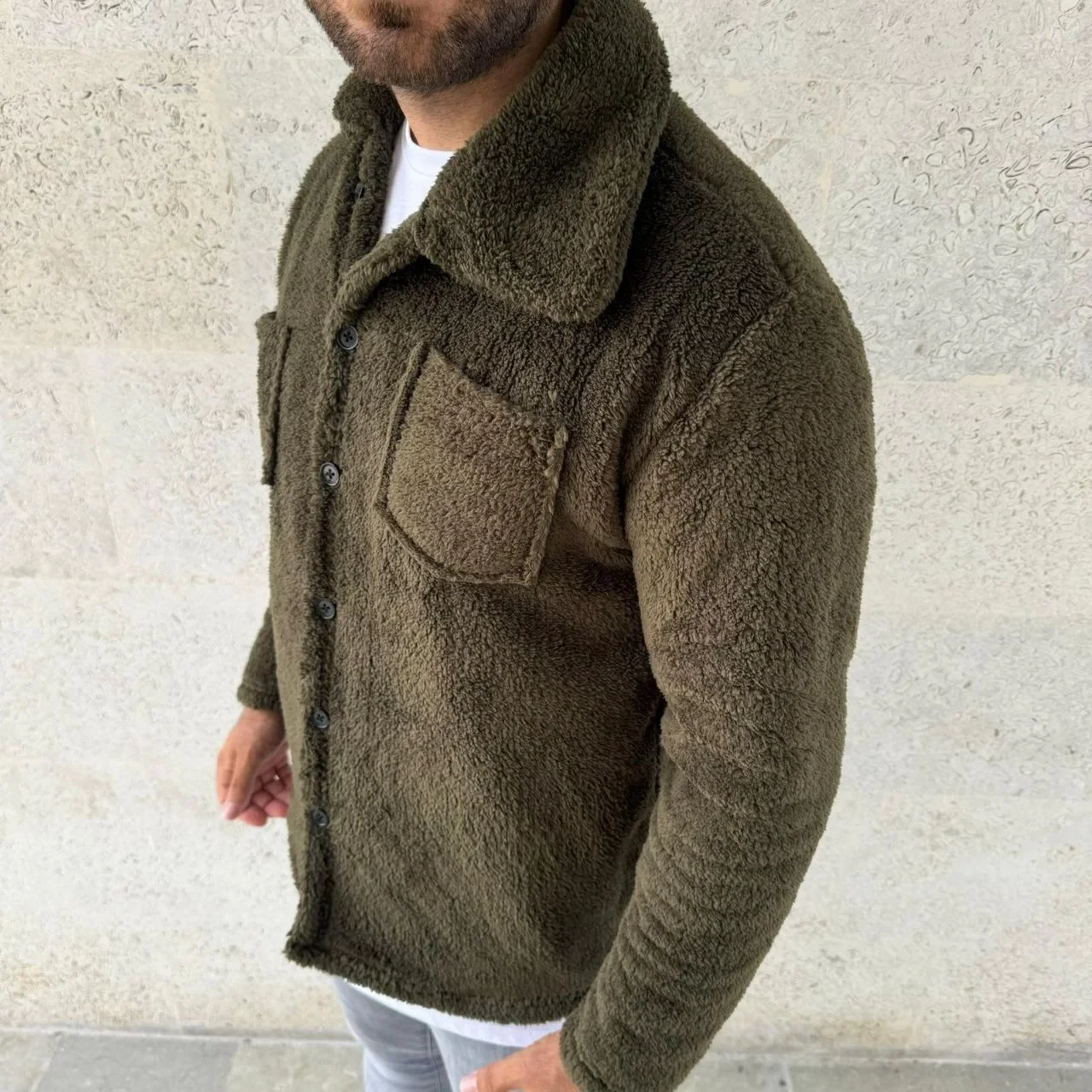 Erkek Pelüş Polar Hırka Gömlek – Yakalı, İlik Düğmeli, Göğüs Cepli, Yumuşak Dokulu Kışlık Regular Fit Rahat Günlük Model - Haki