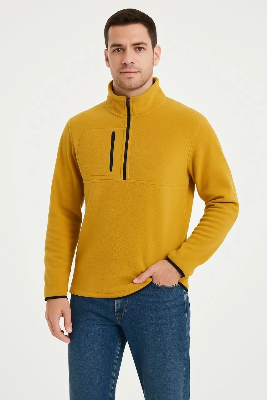 Erkek Polar Kazak – Dik Yaka, Yarım Fermuarlı, Fermuarlı Göğüs Cepli, Siyah Biyeli, Kışlık Rahat Regular Fit Günlük Model - Sarı