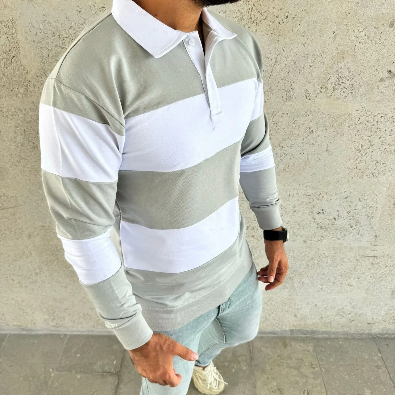 Erkek Polo Yaka Uzun Kollu Çizgili Sweatshirt Trend Rugby Stil - Mint Yeşili