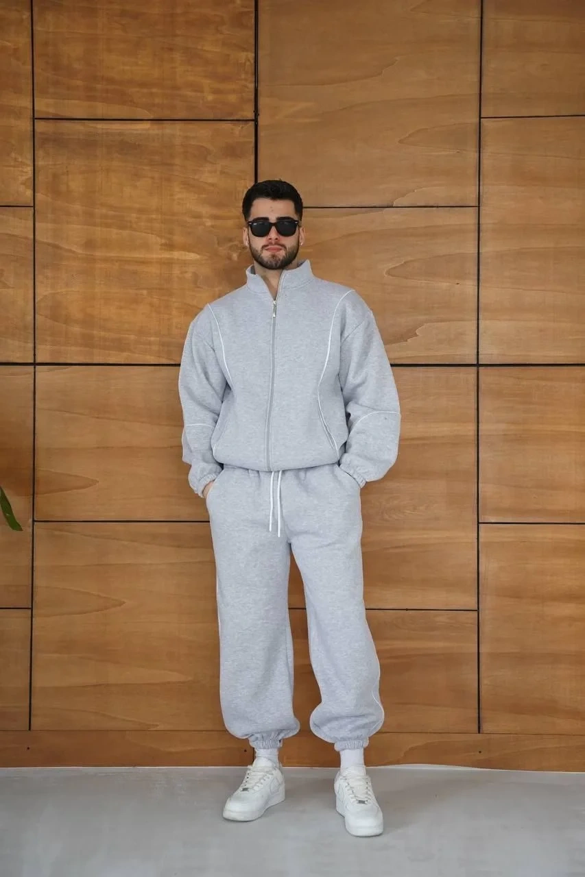 Erkek Premium Parçalı Eşofman Takım - Dik Yaka Fermuarlı Biyeli Sweatshirt Lastik Paça Alt, Oversize 3 iplik Şardonlu - Gri