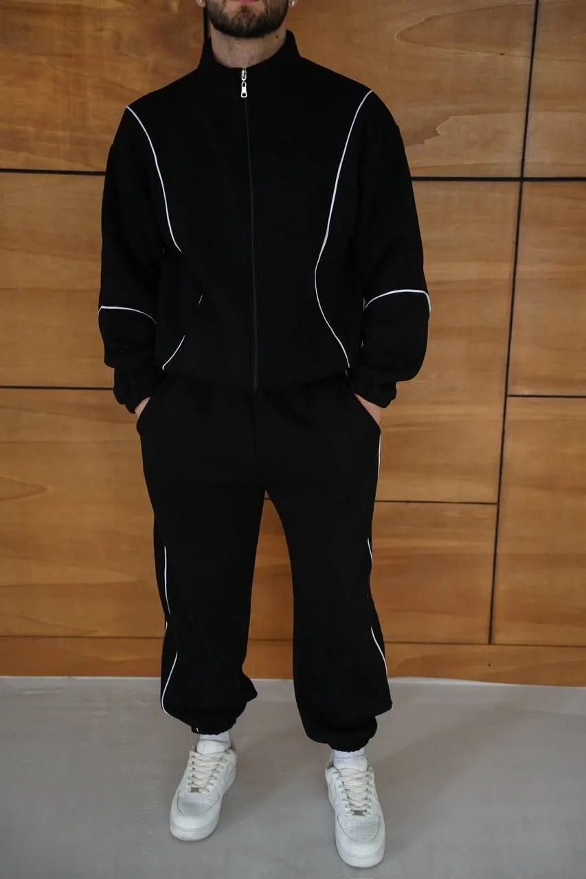 Erkek Premium Parçalı Eşofman Takım - Dik Yaka Fermuarlı Biyeli Sweatshirt Lastik Paça Alt, Oversize 3 iplik Şardonlu - Siyah