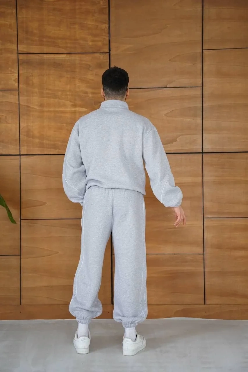 Erkek Premium Parçalı Eşofman Takım - Dik Yaka Fermuarlı Biyeli Sweatshirt Lastik Paça Alt, Oversize 3 iplik Şardonlu - Gri