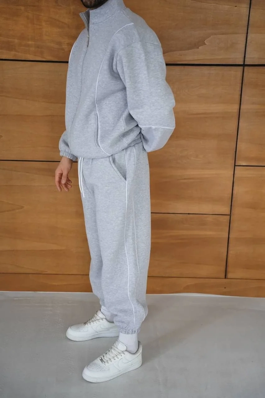 Erkek Premium Parçalı Eşofman Takım - Dik Yaka Fermuarlı Biyeli Sweatshirt Lastik Paça Alt, Oversize 3 iplik Şardonlu - Gri