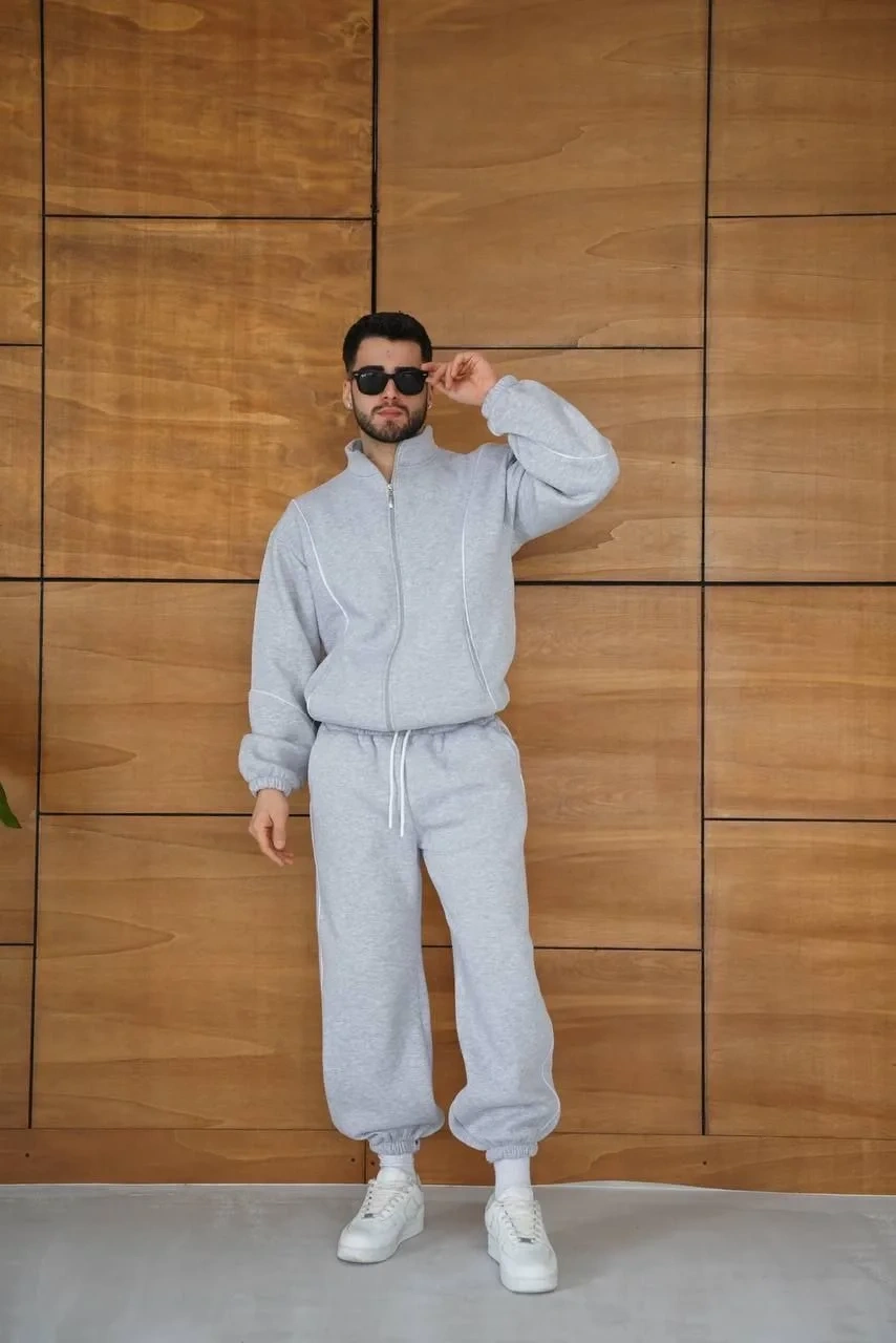 Erkek Premium Parçalı Eşofman Takım - Dik Yaka Fermuarlı Biyeli Sweatshirt Lastik Paça Alt, Oversize 3 iplik Şardonlu - Gri