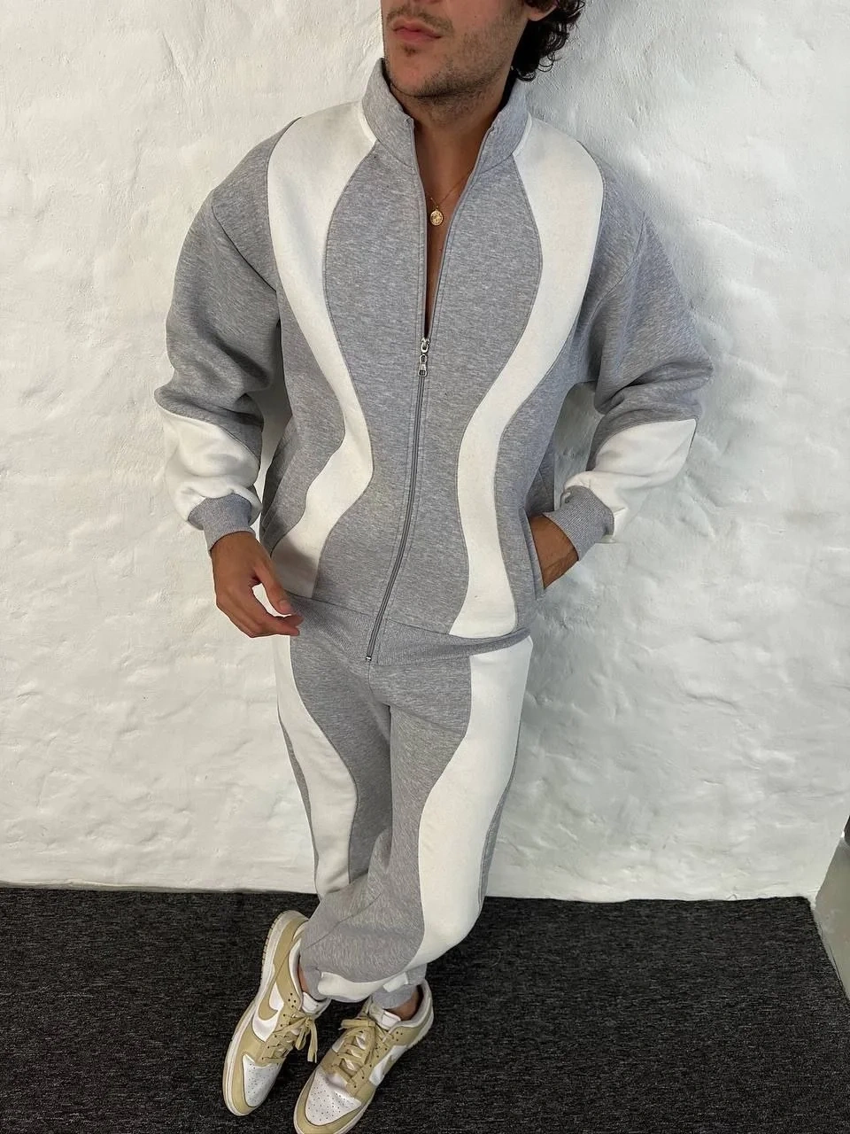 Erkek Premium Parçalı Eşofman Takım - Dik Yaka Fermuarlı Sweatshirt, - Gri