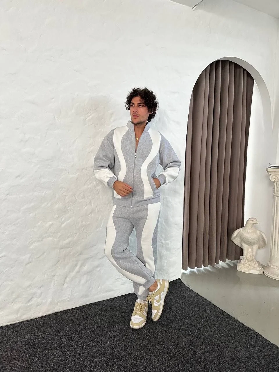 Erkek Premium Parçalı Eşofman Takım - Dik Yaka Fermuarlı Sweatshirt, - Gri