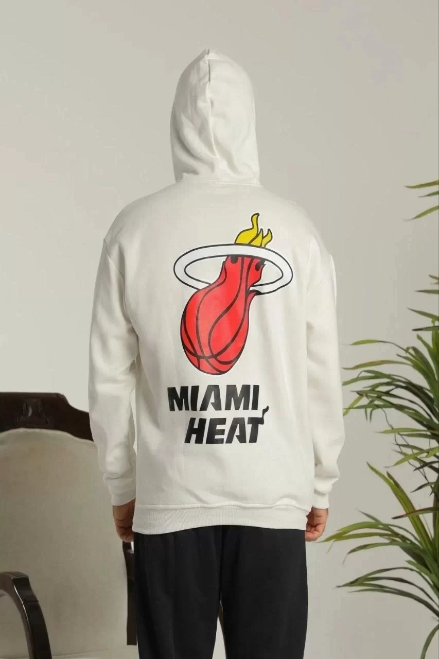 Erkek Sırt Baskılı Oversize Üç İplik Kapüşonlu Sweatshirt - Beyaz
