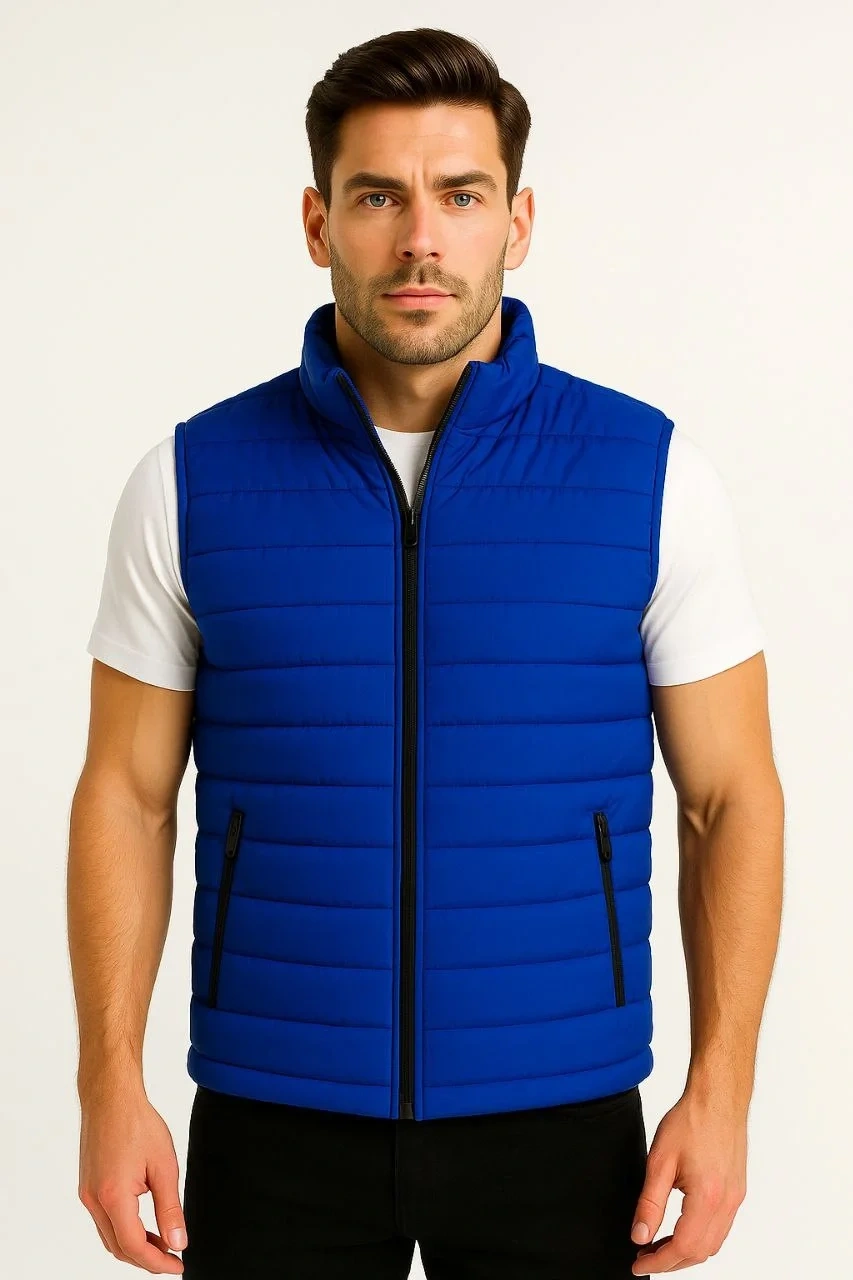Erkek Şişme Fermuarlı Yelek Su itici Kapitone Astarlı Kumaş Cepli Hafif Kışlık Spor Rahat Kalıp - Saks Mavisi