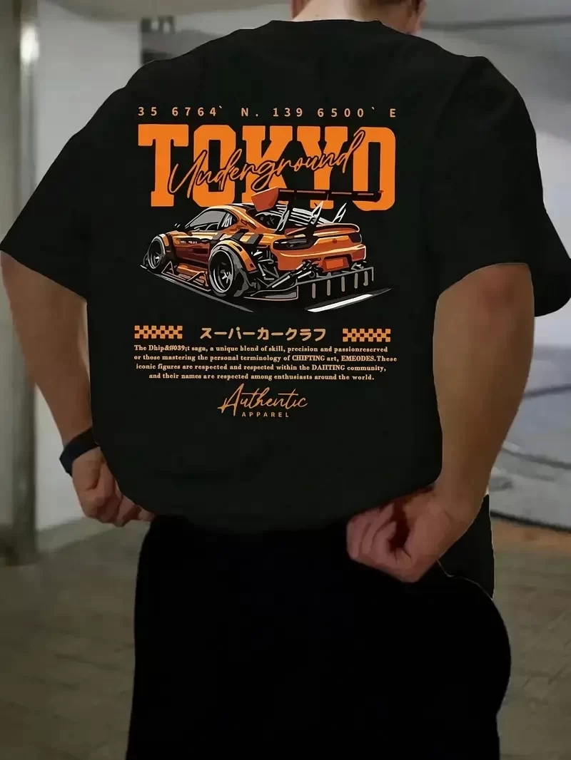 Erkek Turuncu Spor Araba Grafik Tişört - TOKYO Baskılı Günlük Oversize Kısa Kollu Tişört, Yetişkinler için Yazlık Giyim, Turuncu Araba Tasarımı- Siyah