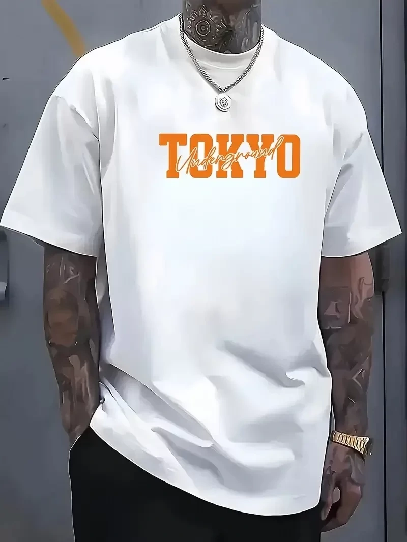 Erkek Turuncu Spor Araba Grafik Tişört - TOKYO Baskılı Günlük Oversize Kısa Kollu Tişört, Yetişkinler için Yazlık Giyim, Turuncu Araba Tasarımı - Beyaz