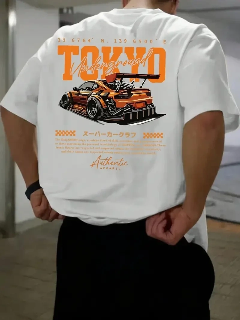 Erkek Turuncu Spor Araba Grafik Tişört - TOKYO Baskılı Günlük Oversize Kısa Kollu Tişört, Yetişkinler için Yazlık Giyim, Turuncu Araba Tasarımı - Beyaz