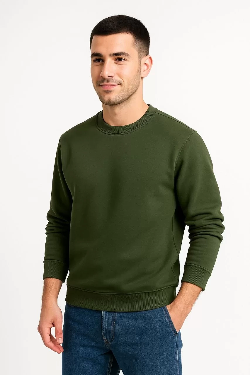 Erkek Üç İplik Düz Bisiklet Yaka SweatShirt - Haki