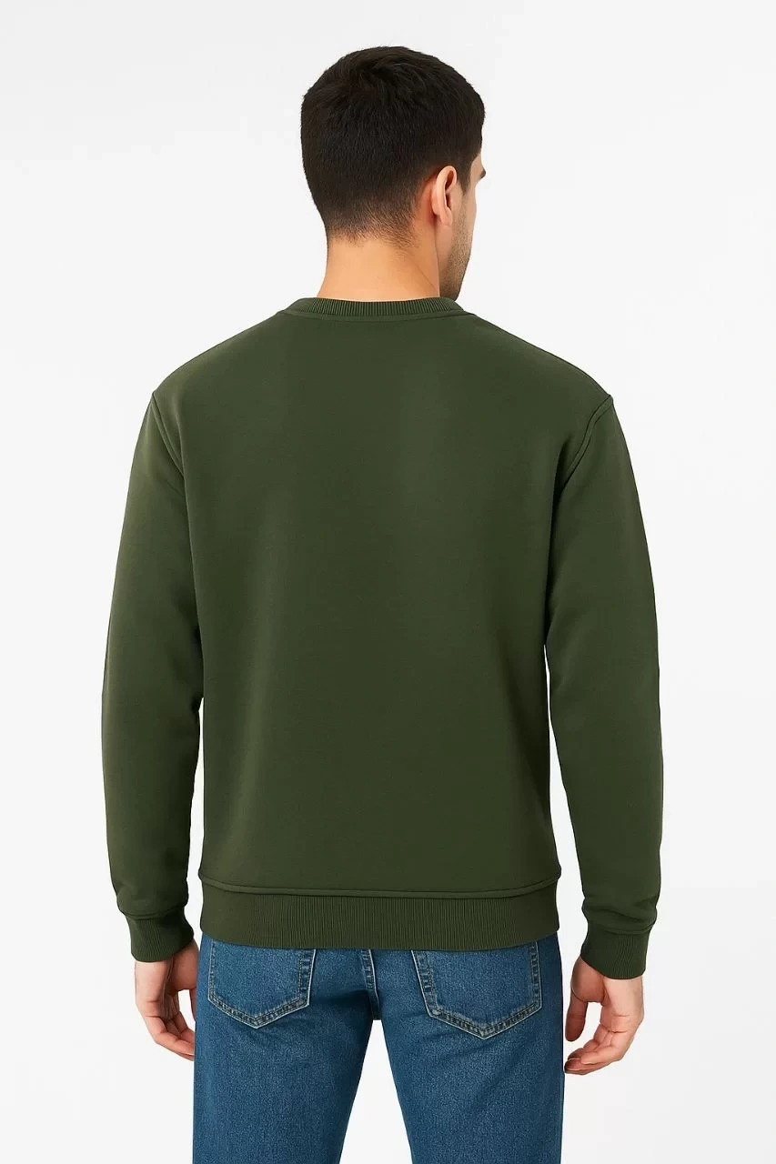 Erkek Üç İplik Düz Bisiklet Yaka SweatShirt - Haki