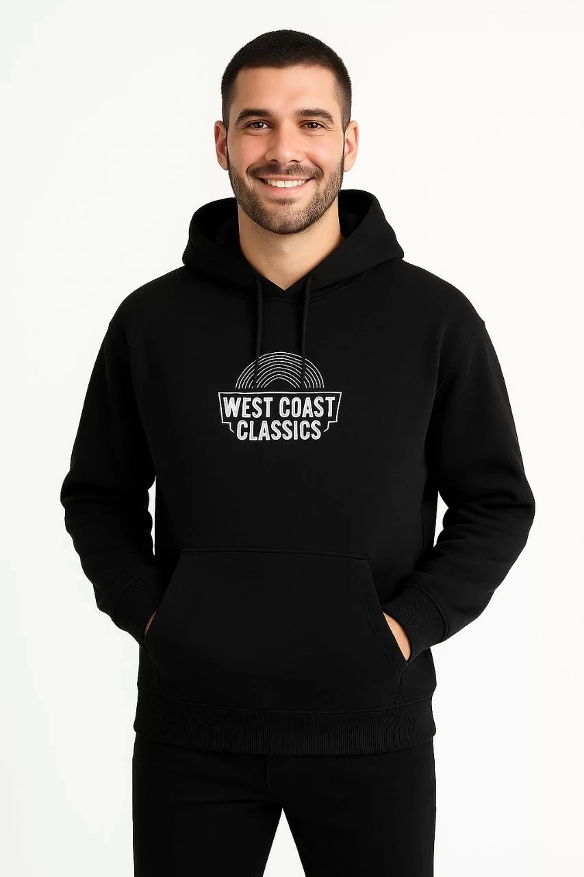 Erkek Üç İplik Kapüşonlu Ön ve Arka Baskılı SweatShirt hoodie - Siyah