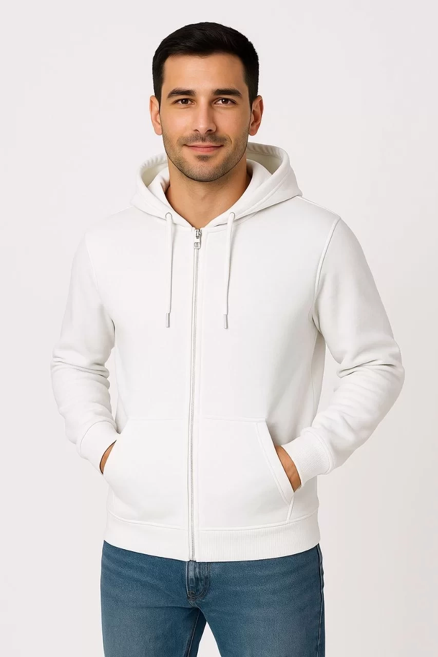 Erkek Üç İplik Kapüşonlu Tam Fermuarlı Kanguru Çepli SweatShirt Hoodie - Beyaz