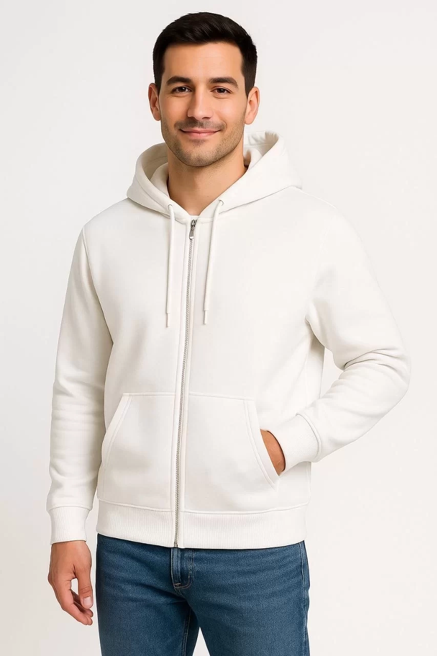 Erkek Üç İplik Kapüşonlu Tam Fermuarlı Kanguru Çepli SweatShirt Hoodie - Beyaz