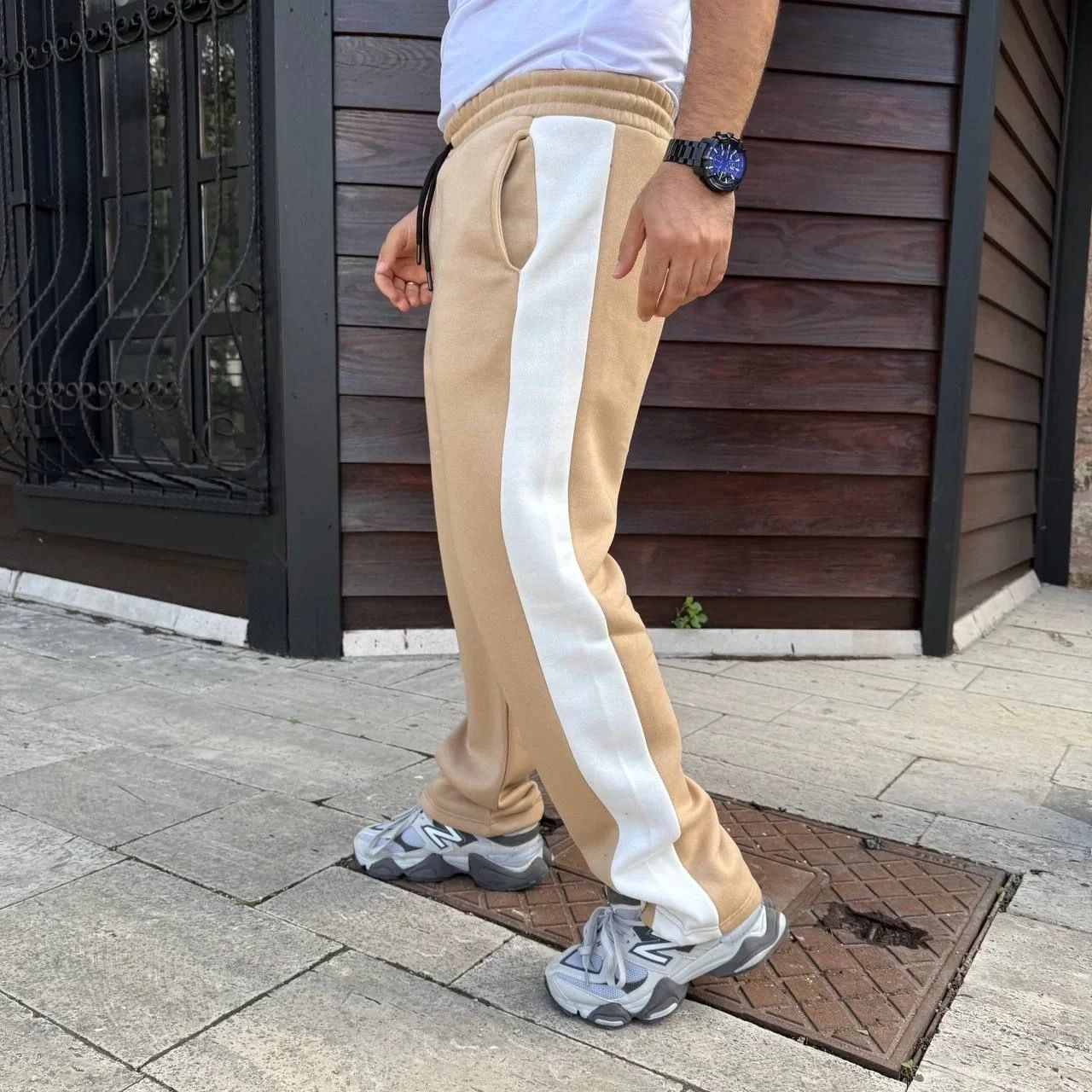 Erkek Üç İplik Kışlık Pamuklu Yandan Garneli Kalın Şeritli Cepli Eşofman Altı - Bej