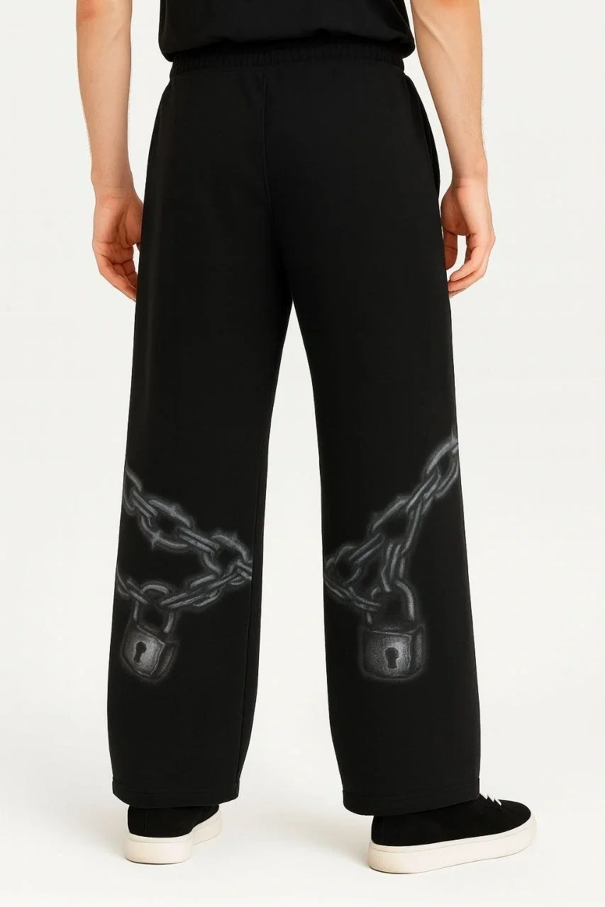 Erkek Üç İplik Pamuklu Baskılı Cepli Jogger Buggy Pantalon Oversize Kalıp - Siyah