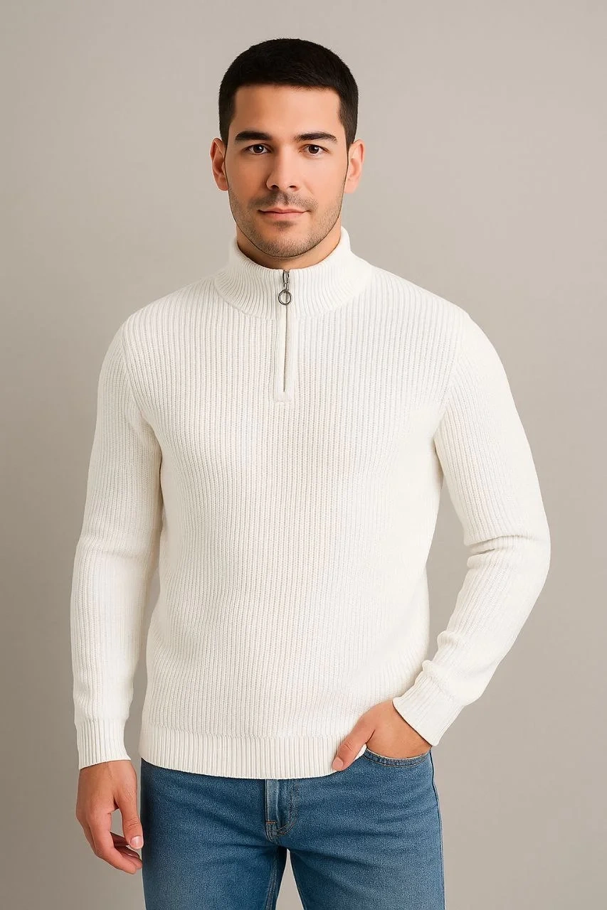 Erkek Yarım Fermuarlı Triko Kazak – Selanik Örgü, Dik Yaka, Pamuklu Dokuma, Regular Fit Uzun Kollu Kışlık Model - Beyaz