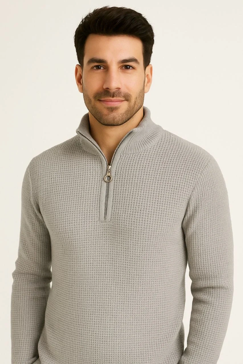 Erkek Yarım Fermuarlı Triko Kazak – Selanik Örgü, Dik Yaka, Pamuklu Dokuma, Regular Fit Uzun Kollu Kışlık Model - Gri